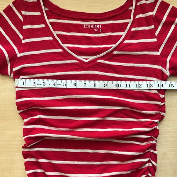 CASLON Red/Cream Stripes V Neck T Shirt with Ruching On The Sides, Small Petite - Picture 3 of 8
